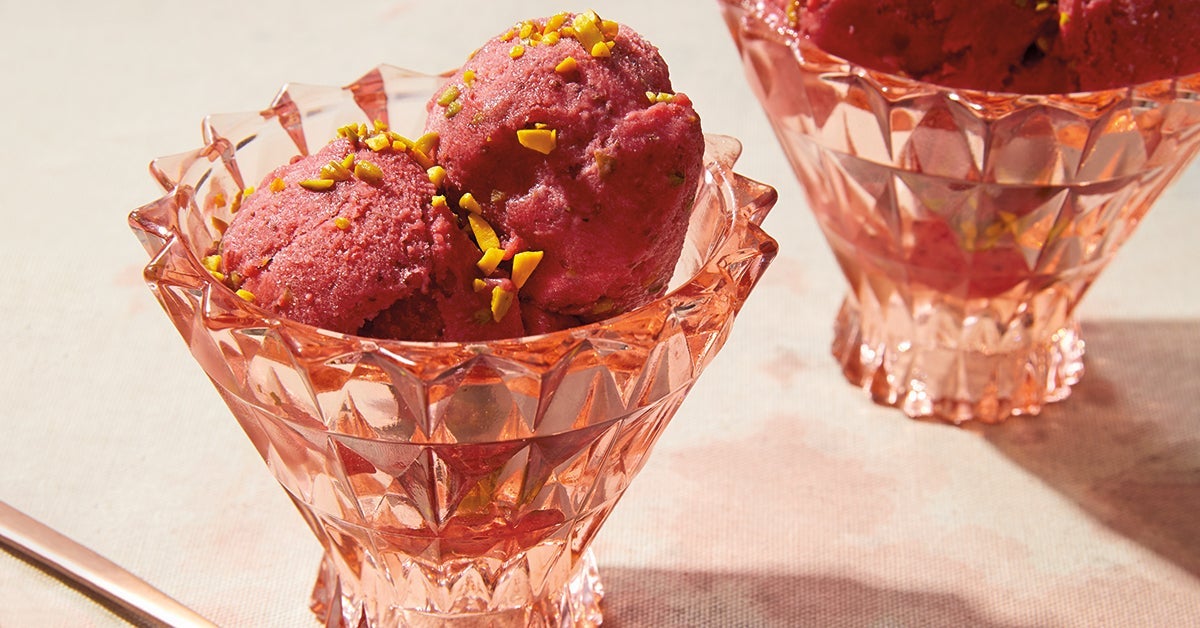 ice cream bowls filled with strawberry sorbet